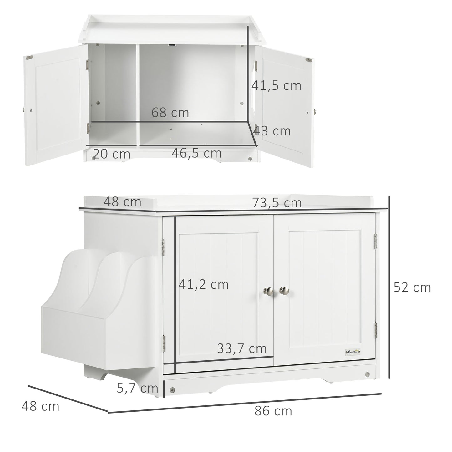 PawHut Katzentoilette, Katzenhaus, mit Trennwand, magnetischer Doppeltür, seitlicher Ablage, weiß, 86 x 48 x 52cm