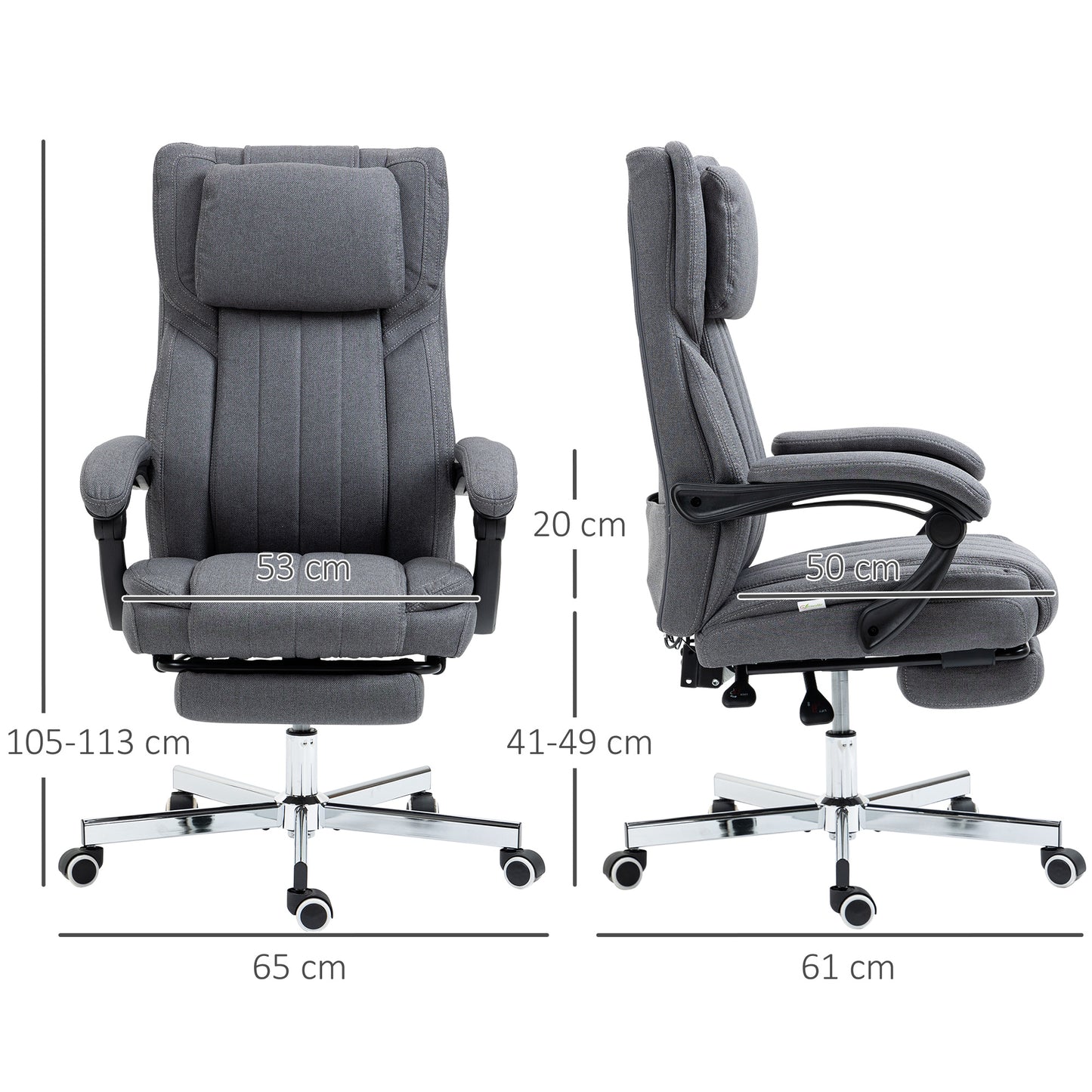 Vinsetto Bürostuhl mit Massagefunktion, neigbare Rücklehne, ausziehbare Fußstütze, Leinenoptik, grau, 65 x 61 x 113 cm