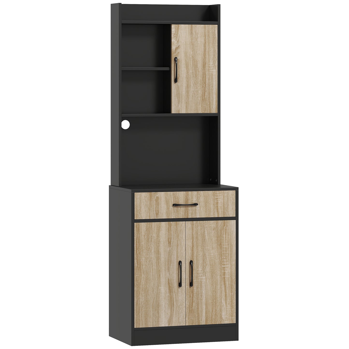 HOMCOM Küchenschrank mit Arbeitsfläche und Kabelloch, moderne Küchenkommode mit Schublade, 3 offene Regale, Naturholz, Schwarz