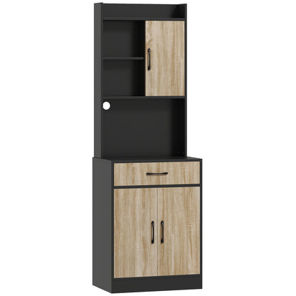 HOMCOM Küchenschrank mit Arbeitsfläche und Kabelloch, moderne Küchenkommode mit Schublade, 3 offene Regale, Naturholz, Schwarz