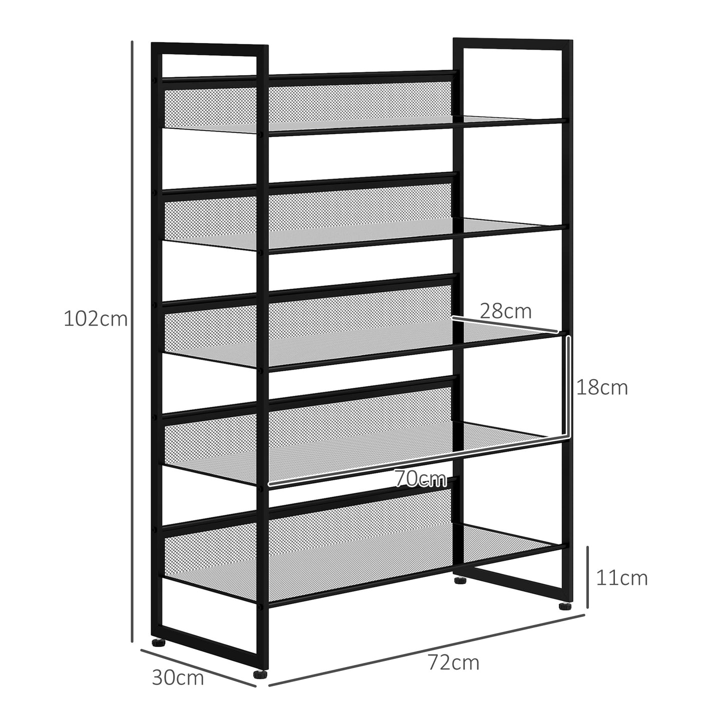 HOMCOM kleines Schuhregal Schuhablage Schuhständer hoch schmal, 5 Regale, 72 cm x 30 cm x 102 cm, Schwarz