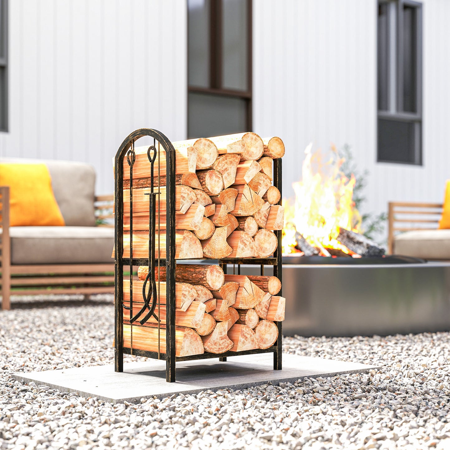 Outsunny Kaminholzregal für innen 43 x 30 x 74cm 2 Ebenen Brennholzregal mit 4 Kaminwerkzeug, هاكن