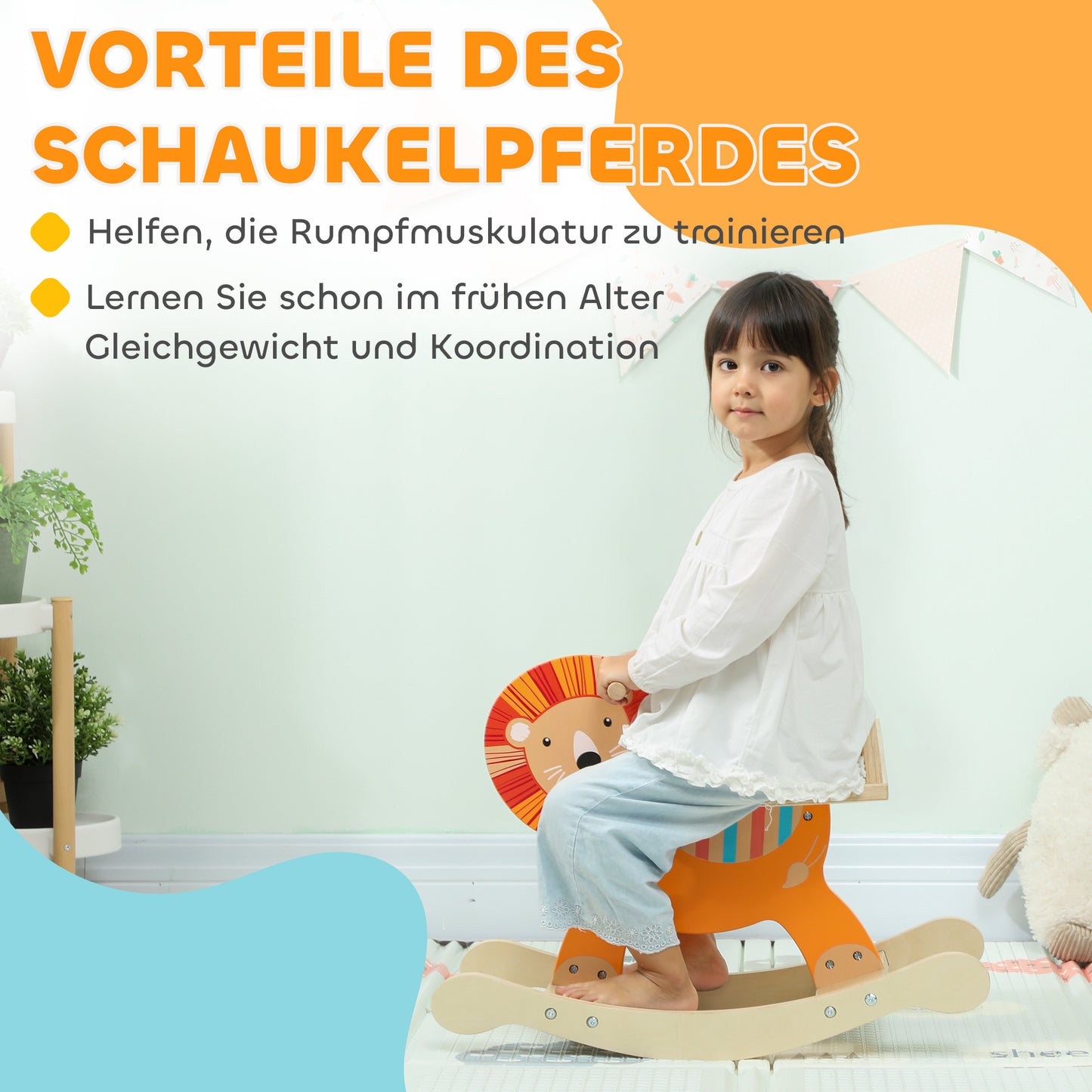 AIYAPLAY Schaukelpferd mit Löwen-Design, 25 kg Belastbarkeit, 2-5 Jahre, Holz, Orange
