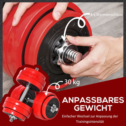 HOMCOM Hantelset 20/30KGS 2-IN-1 Hanteln&Langhanteln verstellbar Gewichtheben für Zuhause Fitness Muskel Stahl PP-Kunsstoff Eisen Sand Rot+Schwarz 21,5 x 21,5 x 3,8 cm