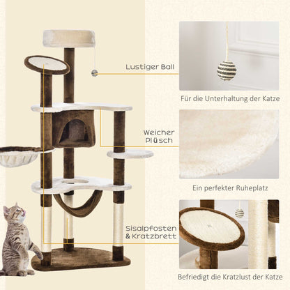 PawHut Kratzbaum mit Katzenhöhle Hängematte XXL Katzenbaum Kletterbaum Kletterbaum für Katzen Mehrstufiges Multiaktivitätszentrum Plüsch Braun 65 x 50 x 153 cm