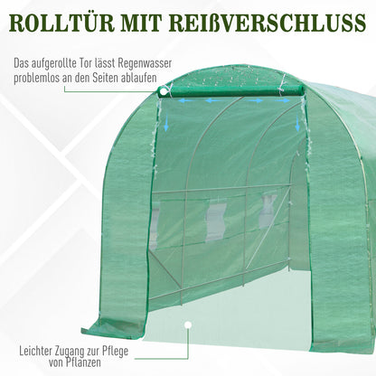 Outsunny Gewächshaus 445x190x200cm Foliengewächshaus Tomatenhaus Tür mit Moskitonetz, Fenster, Folientunnel aus verzinktem Stahl, stabiles Pflanztunnel, Treibhaus inkl. Erdanker Seilen, Grün