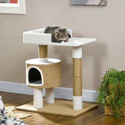 PawHut Kratzbaum Katzenbaum Katzenhöhle, 1 Katzenhöhle, 1 Liegefläche, 70 cm x 49 cm x 79 cm, Natur + Weiß