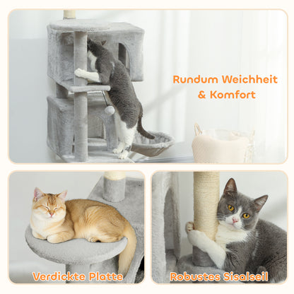 PawHut 140 cm Katzenkratzbaum, mehrere Ebenen, Sisal-Kratzpfosten, Höhlen, Plüsch-Plattformen, Hängematte, Leiter, Spielbälle