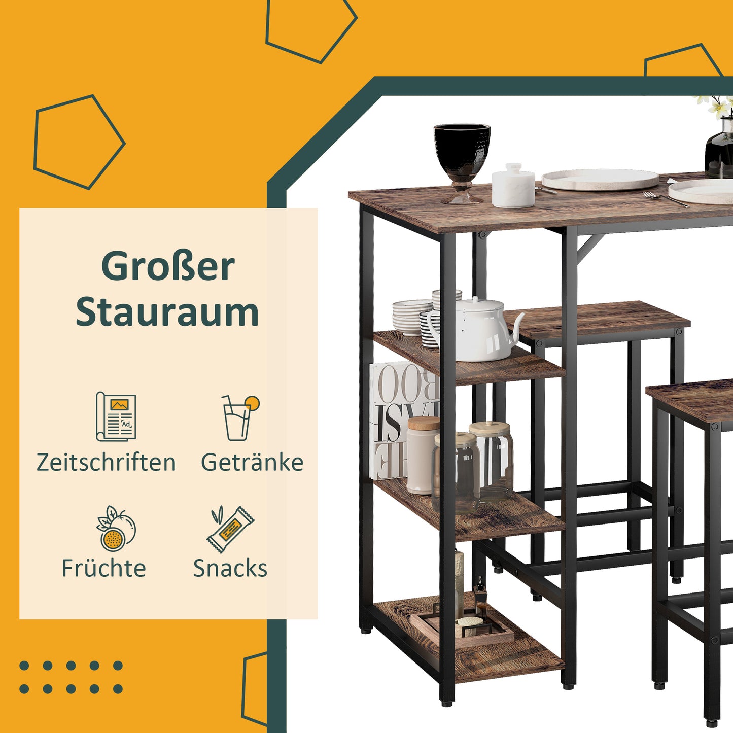 HOMCOM Bartisch-Set Stehtisch mit 2 Barhockern Essgruppe 3-teiliges Tischset Küchentresen mit Regale Spanplatte Stahl Rustikales Braun+Schwarz 109 x 60 x 100 cm
