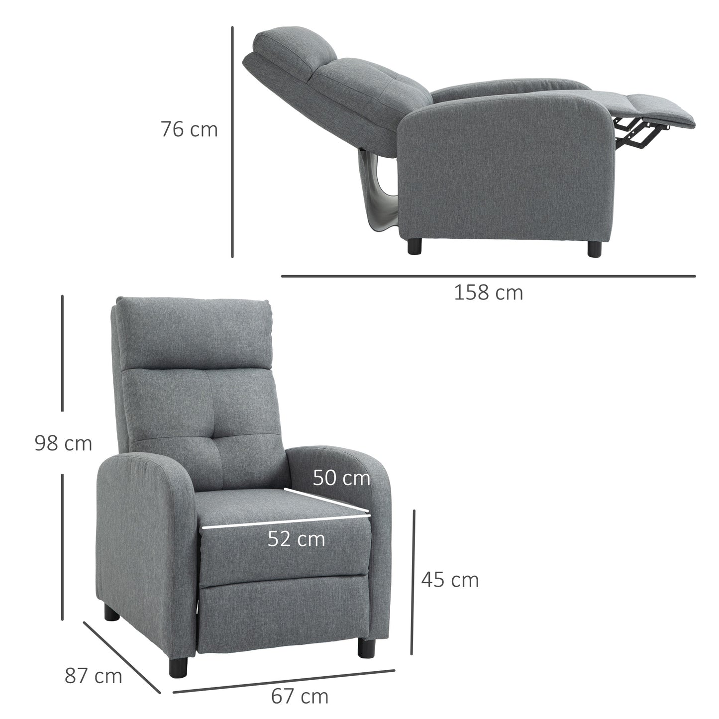 HOMCOM Relaxsessel mit Liegefunktion, ausfahrbares Fußteil, Taschenfederkern, bis 150 kg, Grau