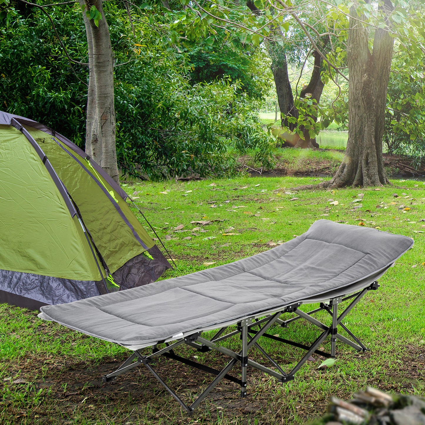 Outsunny Feldbett faltbar Campingbett mit Matratze Tragetasche 188 x 64,5 x 53 cm Gästebett bis 150 kg belastbar Campingliege für Erwachsene Klappbett für Outdoor, Garten Camping Reisen Hellgrau
