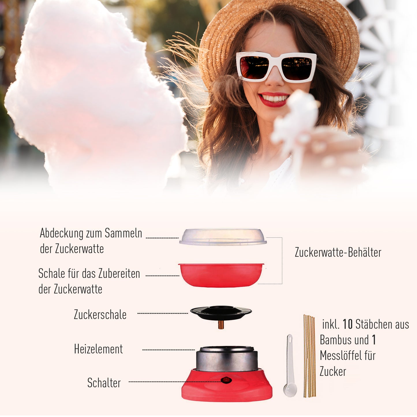 HOMCOM Zuckerwattemaschine für Zuhause Cotton Candy Machine Zuckerwatte Maschine mit Stäbchen und Messlöffel Höhe 18 cm 550W für Kinderfest, Geburtstag, Party Rot