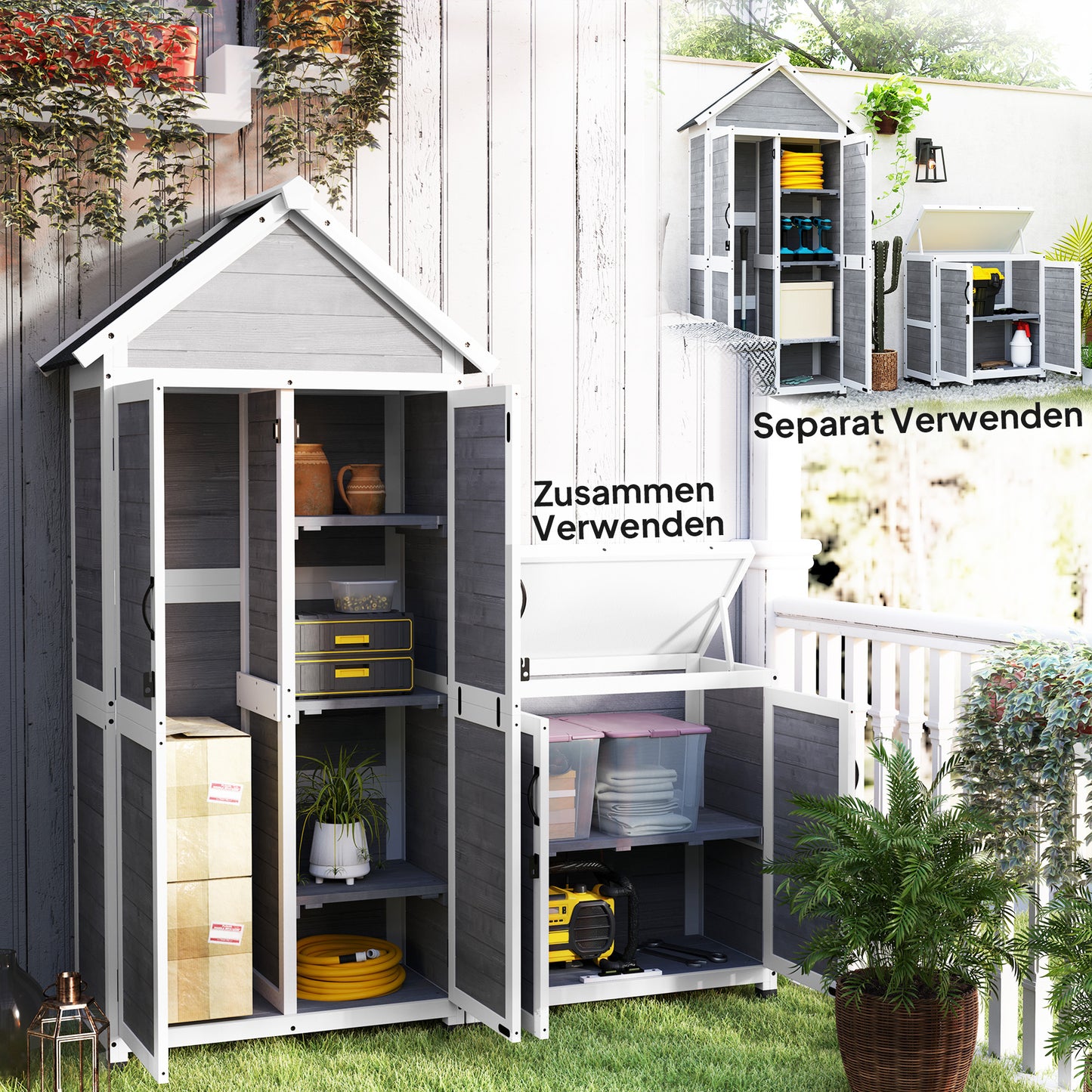 Outsunny Gartenschuppen mit Aufbewahrungsschrank, anpassbare Regale, verschließbare Türen, wasserfest, Fichtenholz, Hellgrau