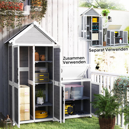 Outsunny Gartenschuppen mit Aufbewahrungsschrank, anpassbare Regale, verschließbare Türen, wasserfest, Fichtenholz, Hellgrau