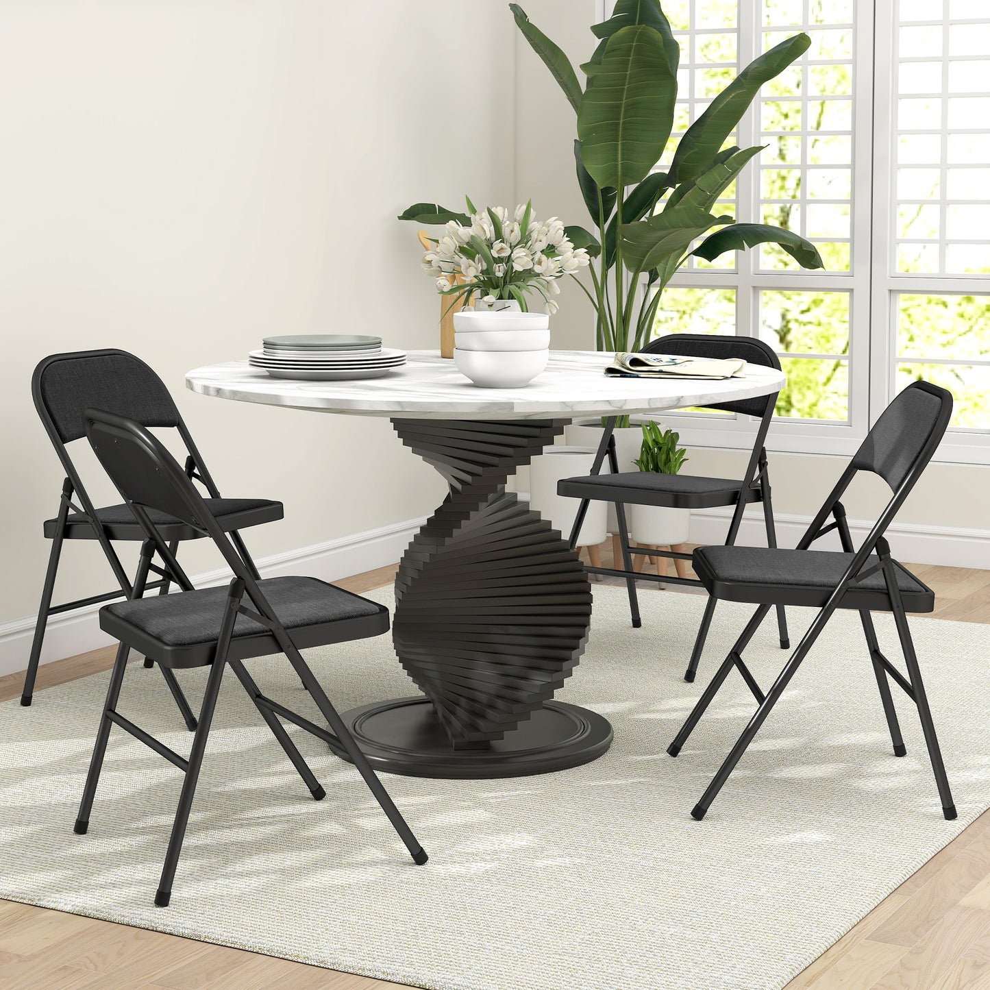 HOMCOM 4er-Set Klappstühle, Tragbare Bürostühle, Metallbeine, Faltstuhl für Büro, Empfang, Wartezimmer, Leinenoptik, Schwarz
