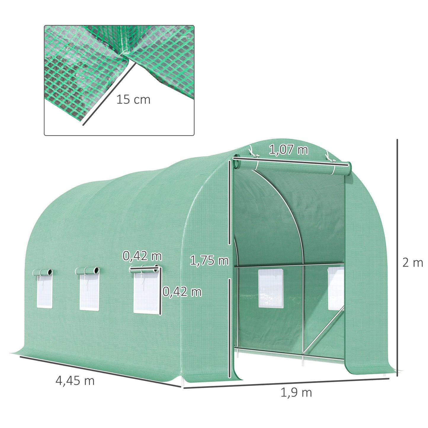 Outsunny Gewächshaus 445x190x200cm Foliengewächshaus Tomatenhaus Tür mit Moskitonetz, Fenster, Folientunnel aus verzinktem Stahl, stabiles Pflanztunnel, Treibhaus inkl. Erdanker Seilen, Grün