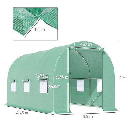Outsunny Gewächshaus 445x190x200cm Foliengewächshaus Tomatenhaus Tür mit Moskitonetz, Fenster, Folientunnel aus verzinktem Stahl, stabiles Pflanztunnel, Treibhaus inkl. Erdanker Seilen, Grün