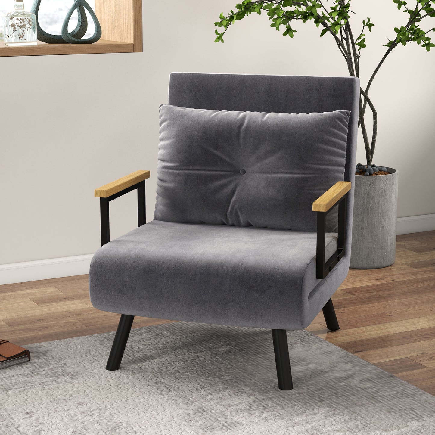 HOMCOM Relaxsessel im Skandidesign, Liegesessel, Lesesessel. ink. Kissen mit Knopfhefung, Schwarz + Natur