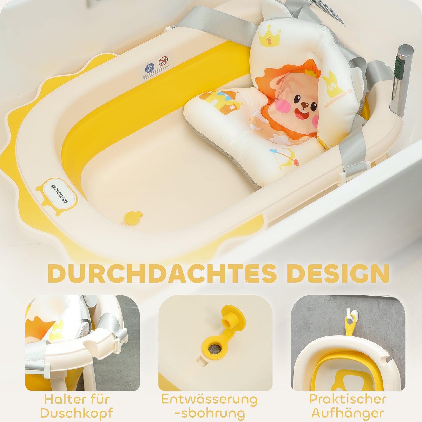 AIYAPLAY Babybadewanne mit Waschbecken, faltbar, rutschfester Boden, komfortables Badekissen, Gelb