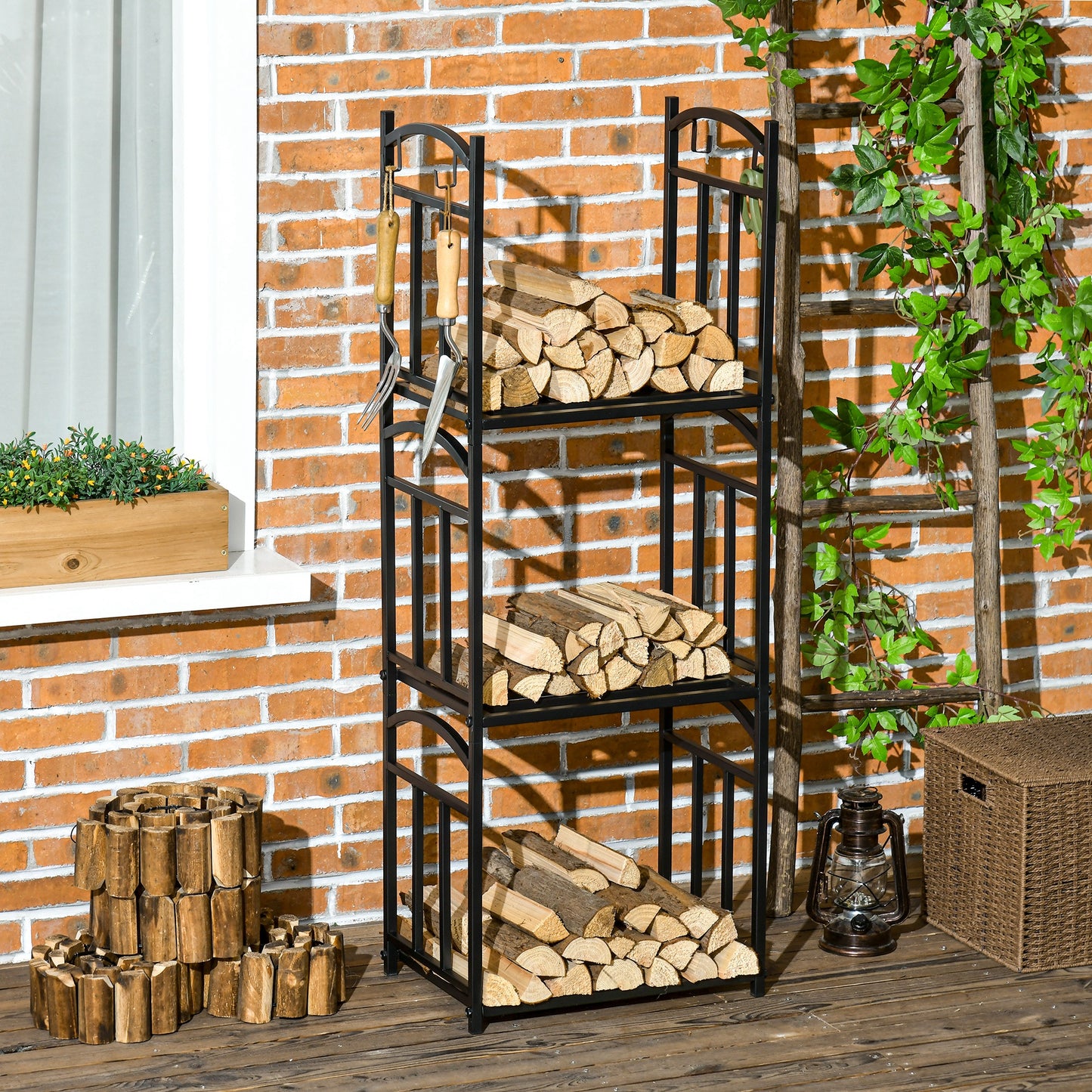 Outsunny Kaminholzregal für innen 46 × 32 × 126 سم 3 Ebenen Brennholzregal mit 4 Haken Metall Schwarz