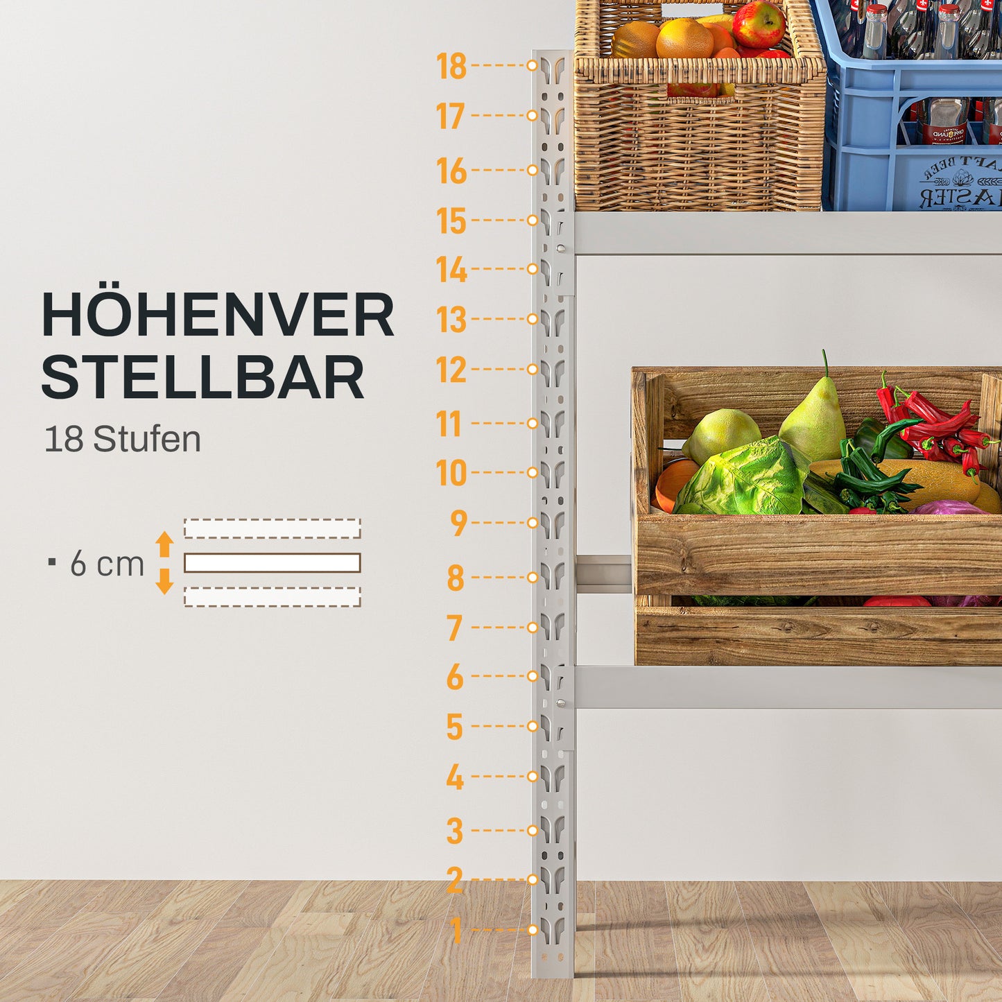 HOMCOM Getränkekistenregal, bis 6 Kisten, höhenverstellbar, Stahlrahmen, 110x30x110 cm, Weiß