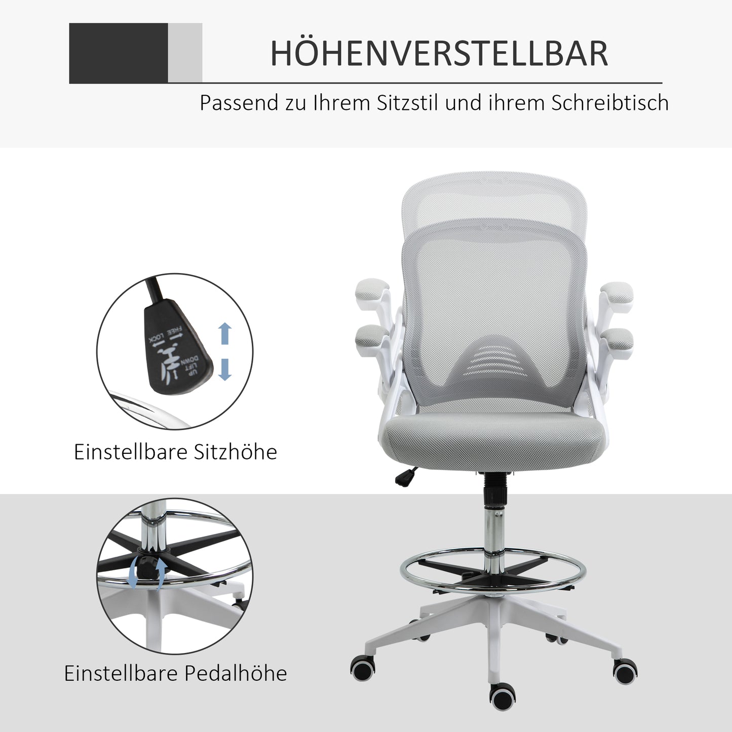 Vinsetto Bürosessel, Schreibtischstuhl, Stehfunktion, mit Fußablage, drehbarer Sitz, Stahl, schwarz, 64 x 60 x 106-126cm