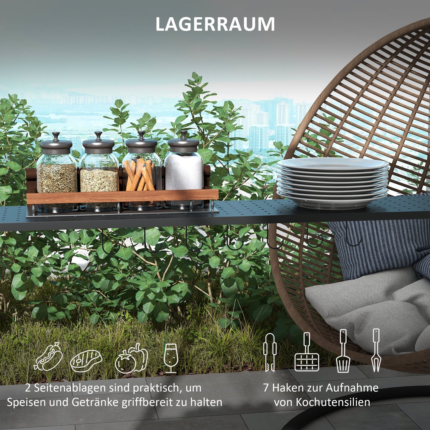 Outsunny Grillpavillon, 2 Seitenablagen, Haken, Stahlrahmen, 1,1 x 2,3m, Khaki