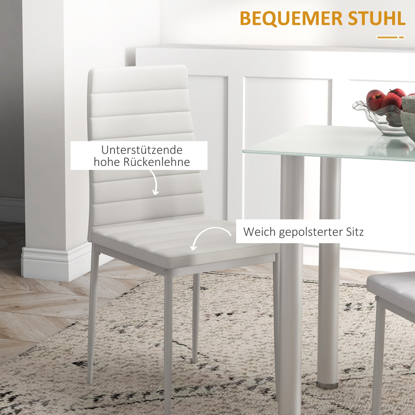 HOMCOM 5-tlg. Essgruppe Sitzgruppe Esstisch mit 4 Stühlen, modernes Design, Glastisch, Weiß