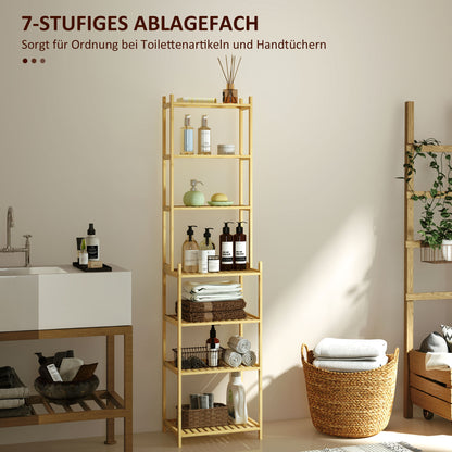 HOMCOM Badezimmerregal mit 7 Ebenen, Badregal aus Bambus, wasserfest, robust, 180 cm