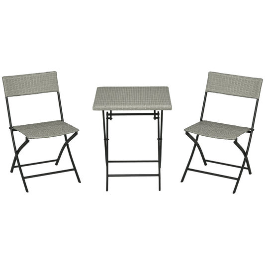 Outsunny 3-tlg. Gartensitzgruppe, 2 Klappstühle, 1 Klapptisch, Rattanoptik, Metallrahmen, hellgrau