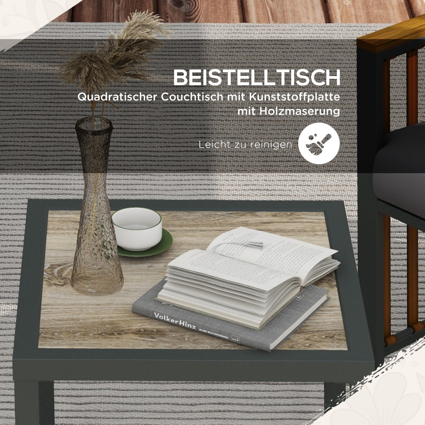 Outsunny Gartengarnitur, 3-teilig, inkl. Sitzkissen, Holzdekor, rostfreier Metallrahmen, Grau