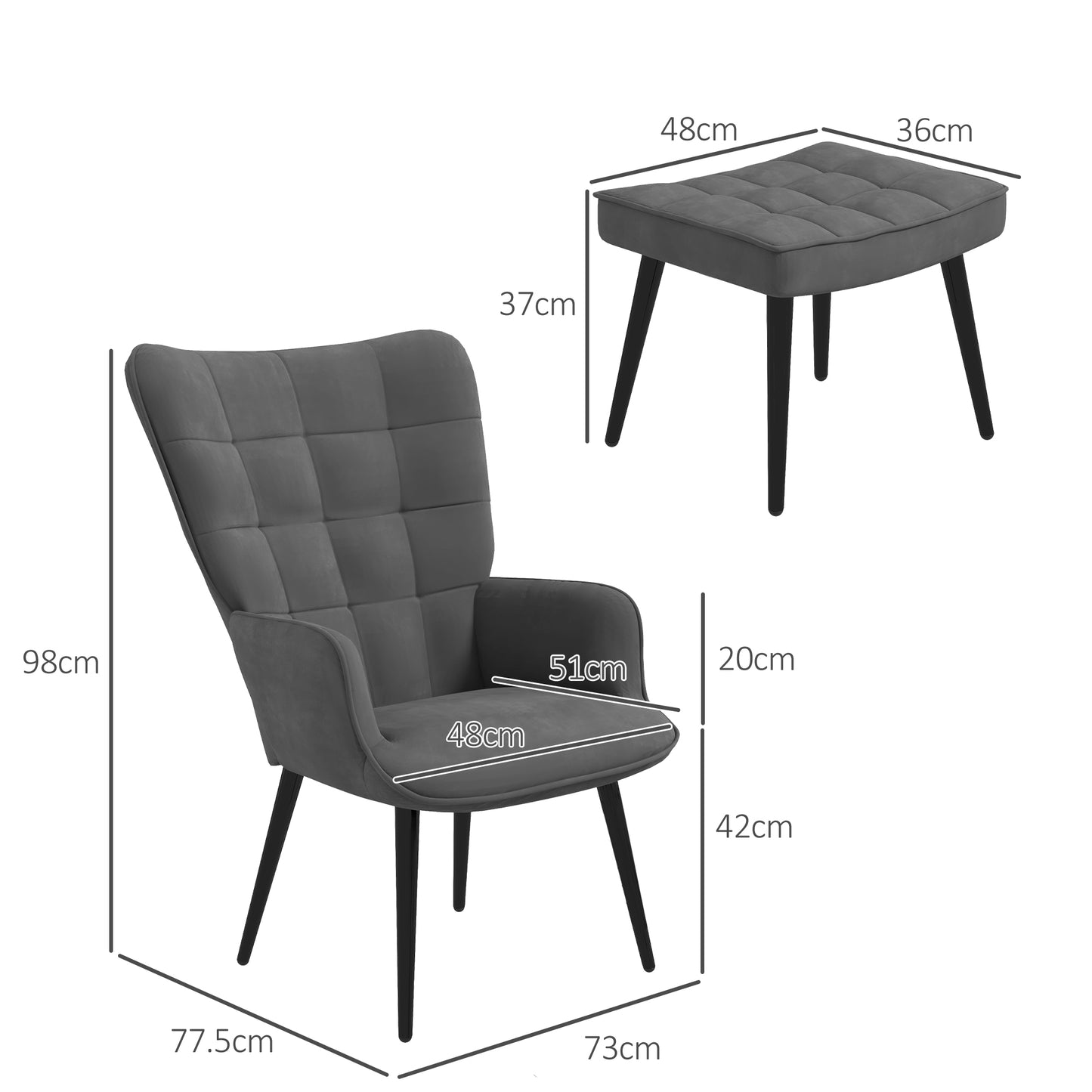 HOMCOM Relaxsessel mit Ottomane Sessel mit Fußhocker, 2-teiliges Set, Grau