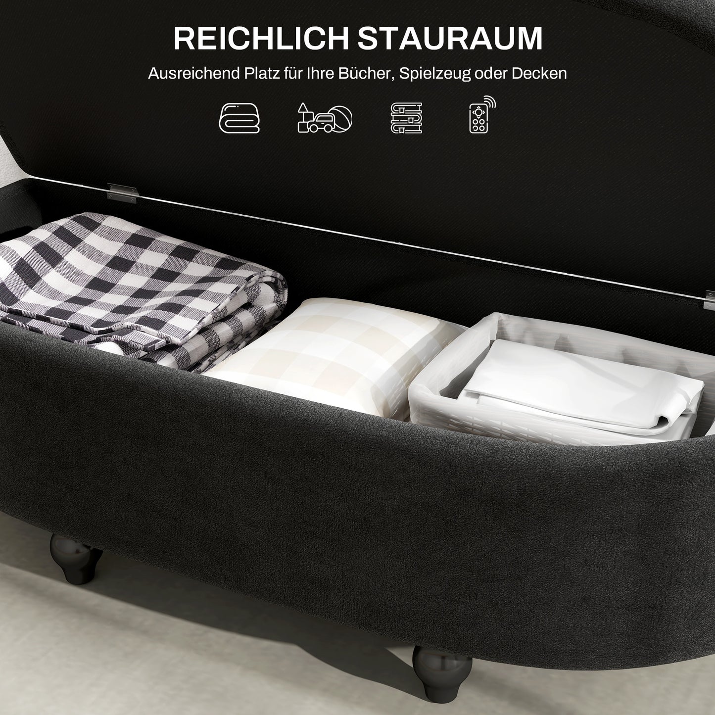 HOMCOM Hocker mit Stauraum, Sitztruhe, gepolstert, soft-close Deckel, Samtoptik, 120 x 46 x 42 cm, Dunkelgrau