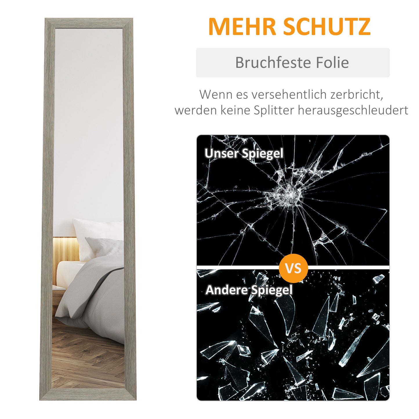 HOMCOM Standspiegel Bodenspiegel Wandspiegel, inkl. Wandbefestigung, Holzoptik, 37 cm x 40 cm x 155 cm, Braun