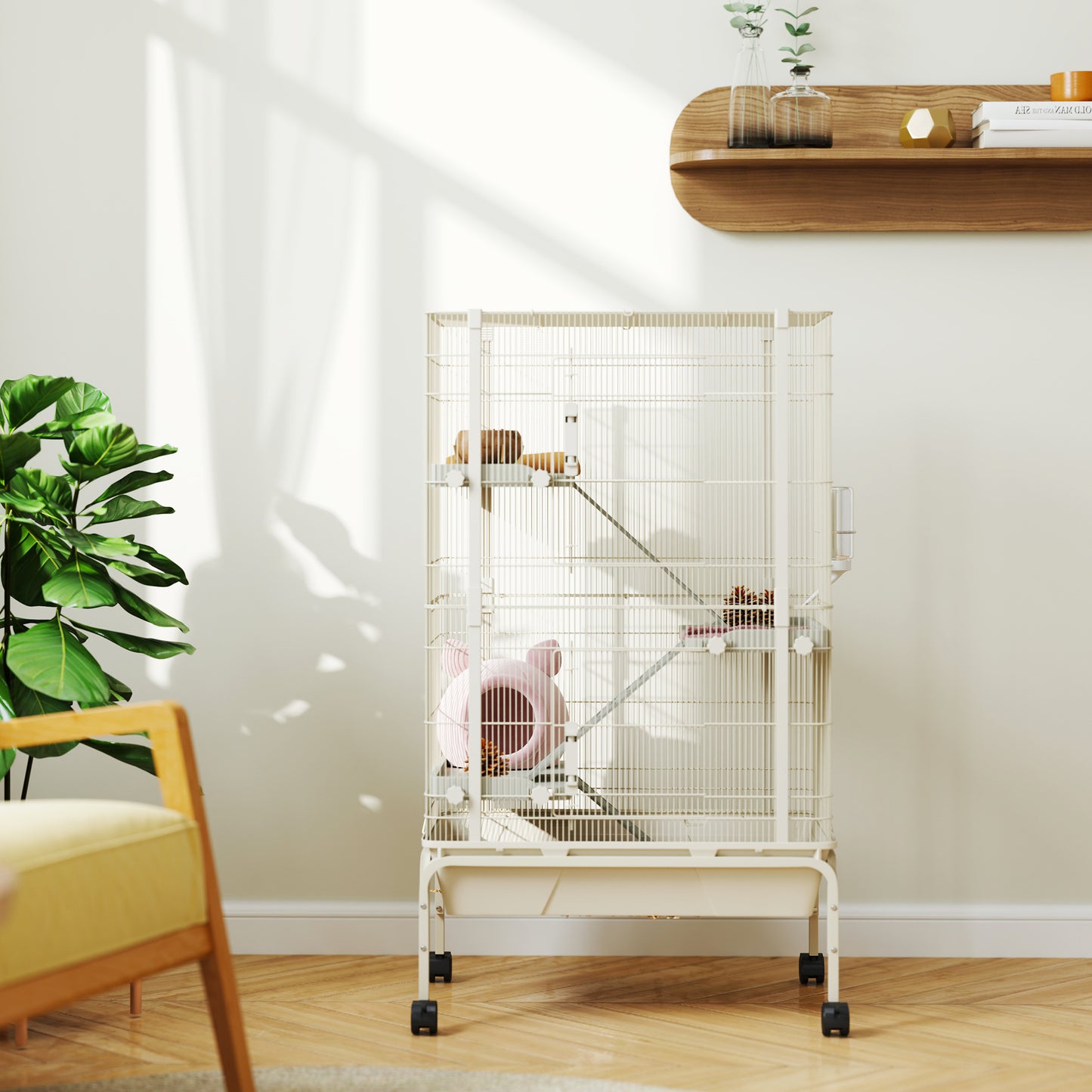 PawHut Kleintierkäfig, Haustierkäfig mit 4 Ebenen, Futterschale, Wasserflasche, 88 x 48 x 150,5 cm, Beige