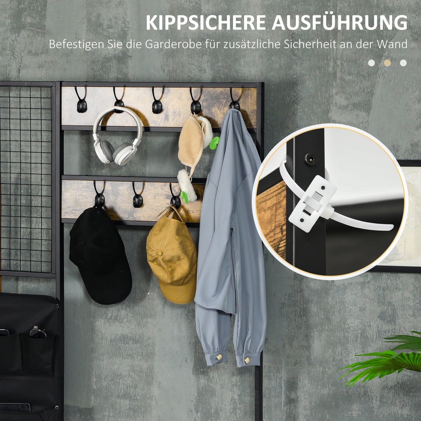 HOMCOM Garderobe im Industriedesign, 1 Memoboard, 1 Schuhbank, 8 Kleiderhaken, 1 Aufbewahrungstasche, Schwarz + Braun