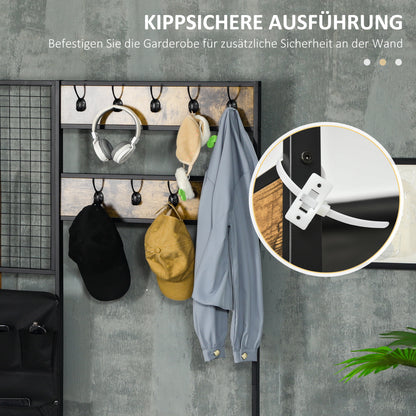 HOMCOM Garderobe im Industriedesign, 1 Memoboard, 1 Schuhbank, 8 Kleiderhaken, 1 Aufbewahrungstasche, Schwarz + Braun