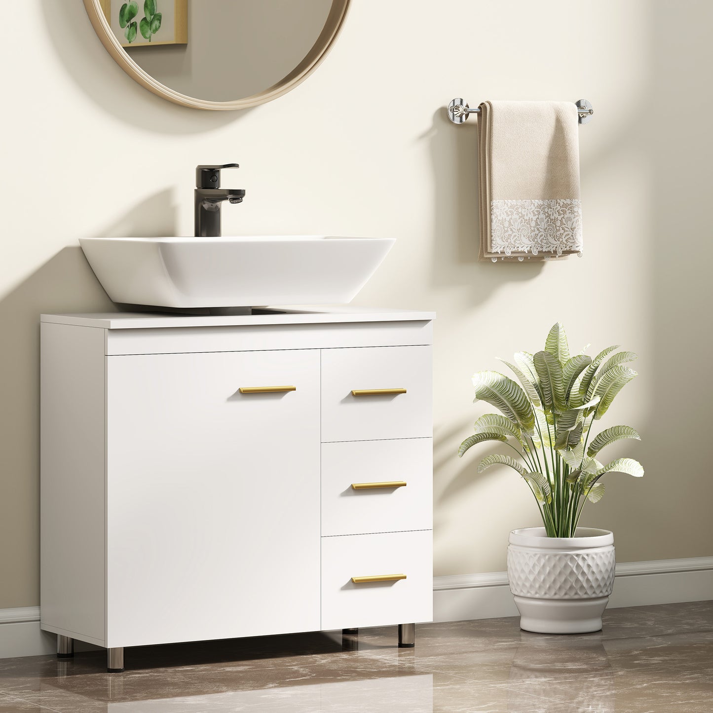 HOMCOM Badezimmer-Unterschrank، تصميم 3-stufiges، MDF، Spanplatte، Weiß