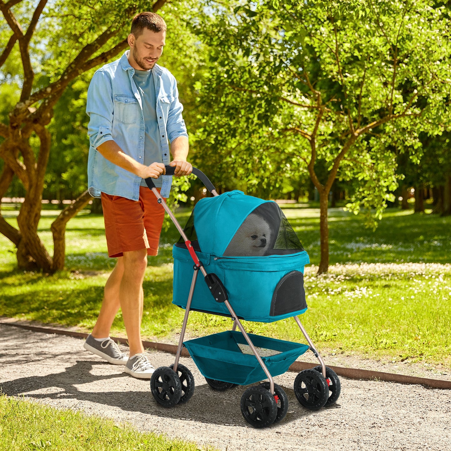 PawHut 3-in-1-Haustierkinderwagen، zusammenklappbarer Hundewagen mit 4 Rädern وabnehmbarer Trage for Hunde وKatzen Türkis