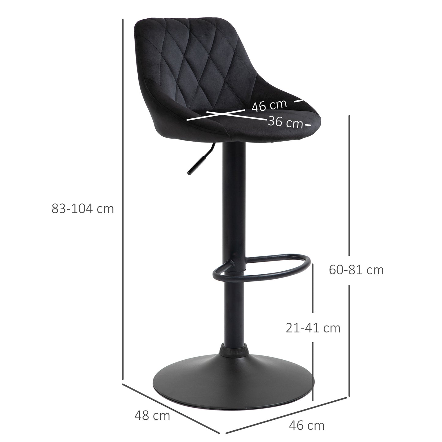 HOMCOM Barhocker 2er Set, Gepolstert Barstuhl mit Stahlgestell, Lehne, Samtoptik, Höhenverstellbar Küchenstühle mit Fußstütze 360° Drehbar Tresenhocker für Küche, Wohnzimmer, Esszimmer Schwarz