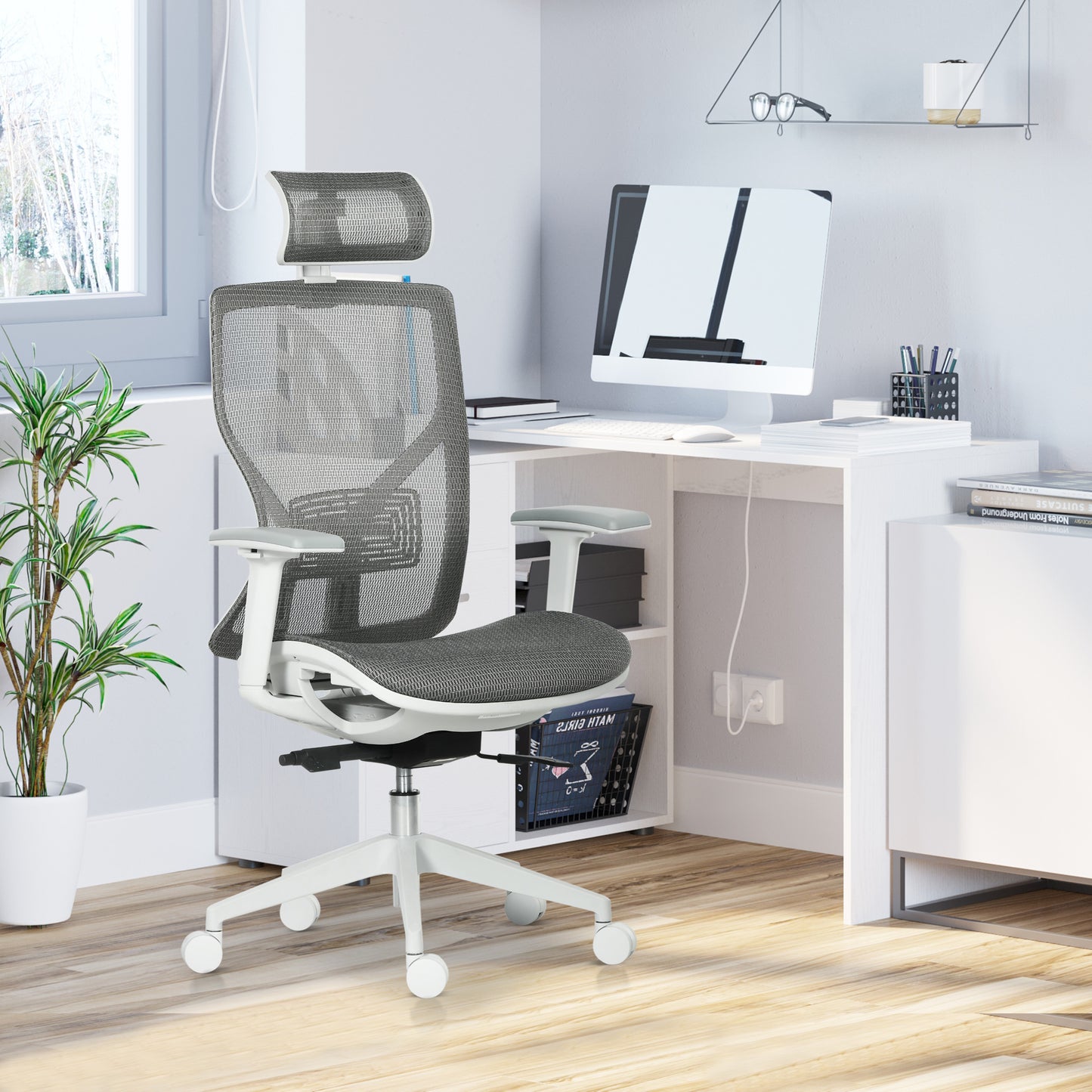 Vinsetto Bürostuhl Schreibtischstuhl Drehstuhl Gamingstuhl mit Kopflehne Lendenkissen 3D-Armlehne 3 Stufen 360°-Drehräder höhenverstellbar ergonomisch Mesh-Stoff Schaumstoff Grau 67 x 65 x 120-128 cm