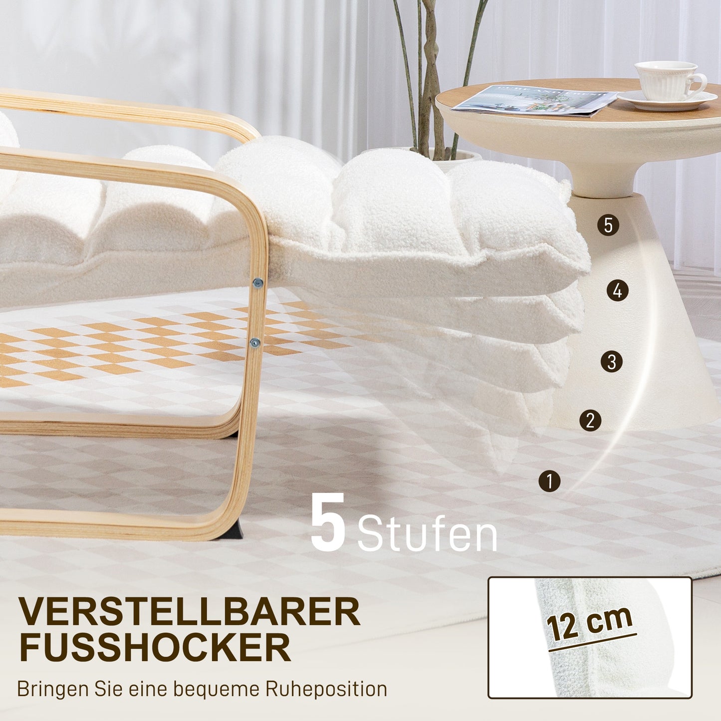 HOMCOM Lounge-Sessel aus Birkenholz، Polstersessel، verstellbare Fußstütze، Weiß