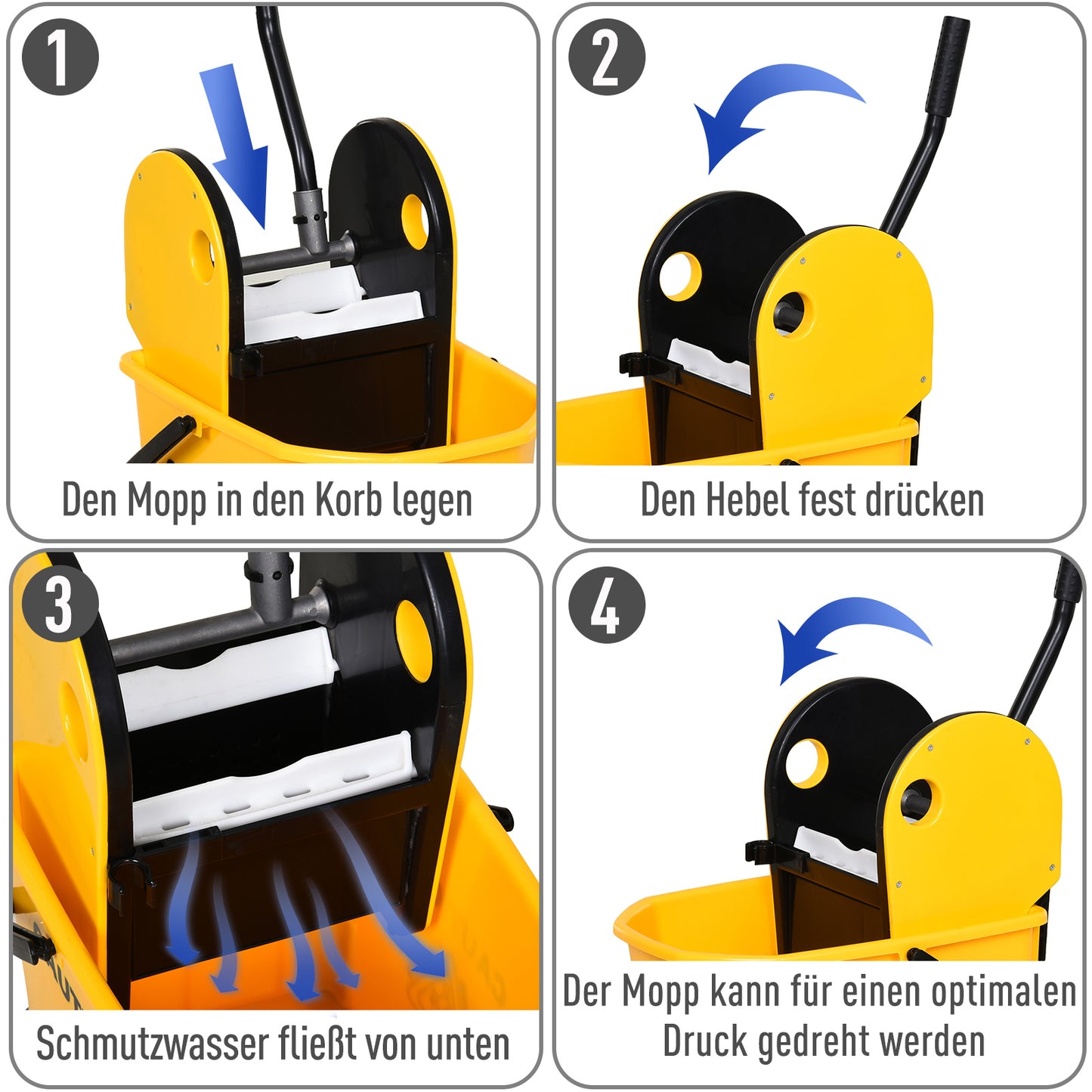 HOMCOM Reinigungswagen Fahreimer Putzeimer Wischwagen mit Auswringvorrichtung 26 Liter, Gelb, 44 x 36 x 90 cm