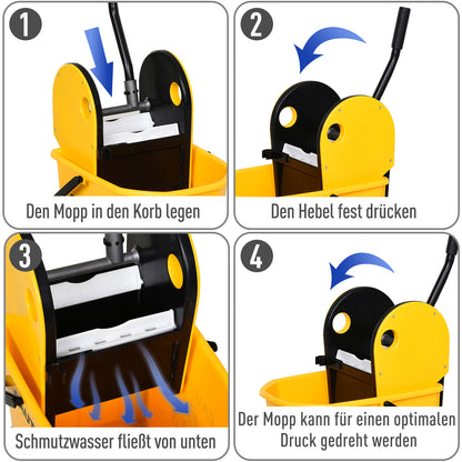 HOMCOM Reinigungswagen Fahreimer Putzeimer Wischwagen mit Auswringvorrichtung 26 Liter, Gelb, 44 x 36 x 90 cm