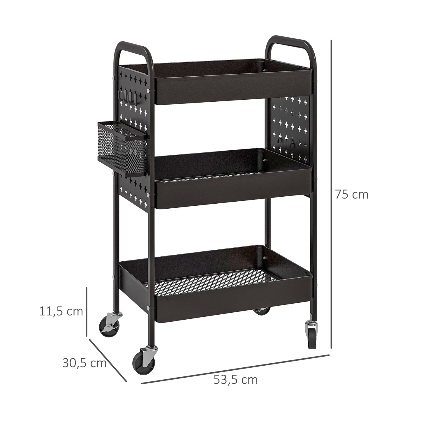 HOMCOM Mehrzweckwagen Rollwagen Küchenwagen, 3 Regale, 4 Rollen, 53,5 cm x 30,5 cm x 75 cm, Schwarz