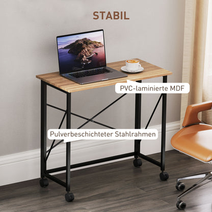 HOMCOM Klappbarer Schreibtisch mit Rädern, platzsparend, Stahl, MDF, Eiche