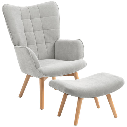 HOMCOM Akzentsessel mit Hocker, Relaxsessel in Cord-Optik, Armlehnstuhl mit Holzbeinen, für Wohnzimmer, Grau