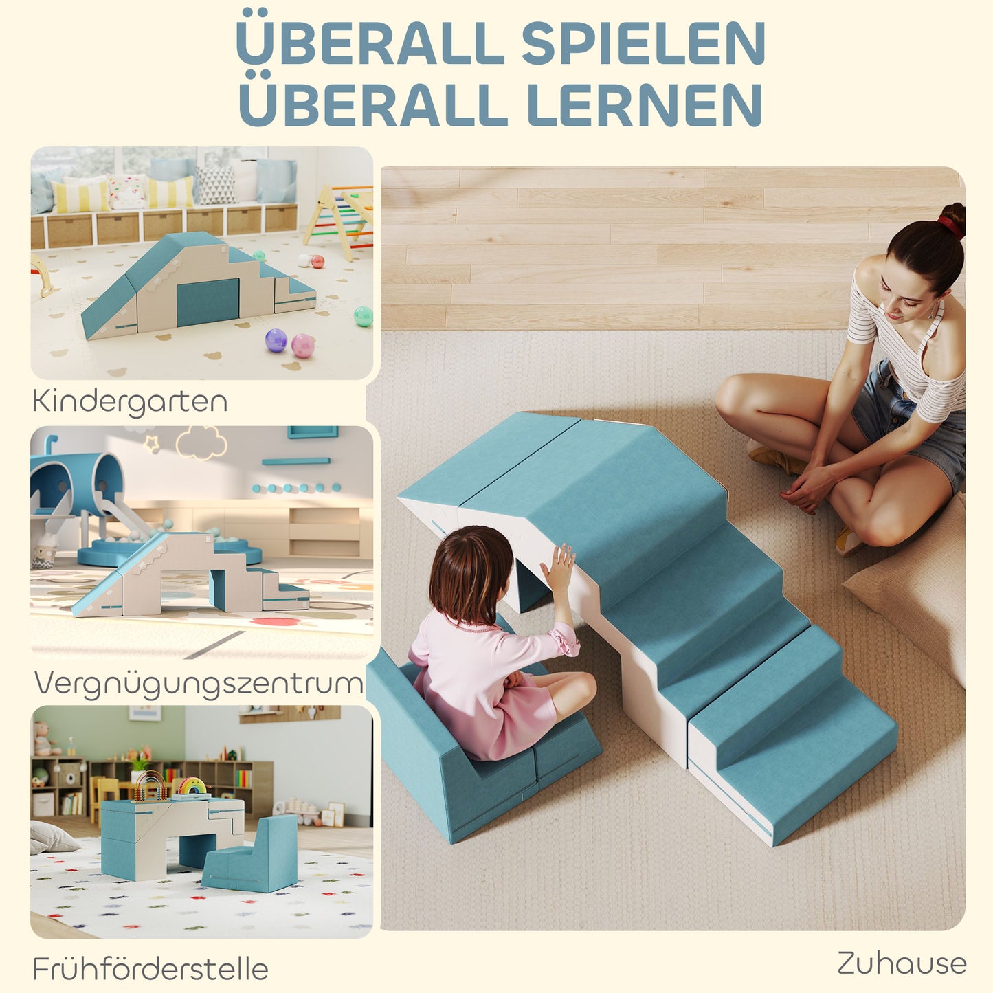 AIYAPLAY 2-teiliges weiches Spielblöcke-Set für Kleinkinder, Kunstleder, Schaumstoff, zum Klettern, Bauen, Spielen, Beige+Blau