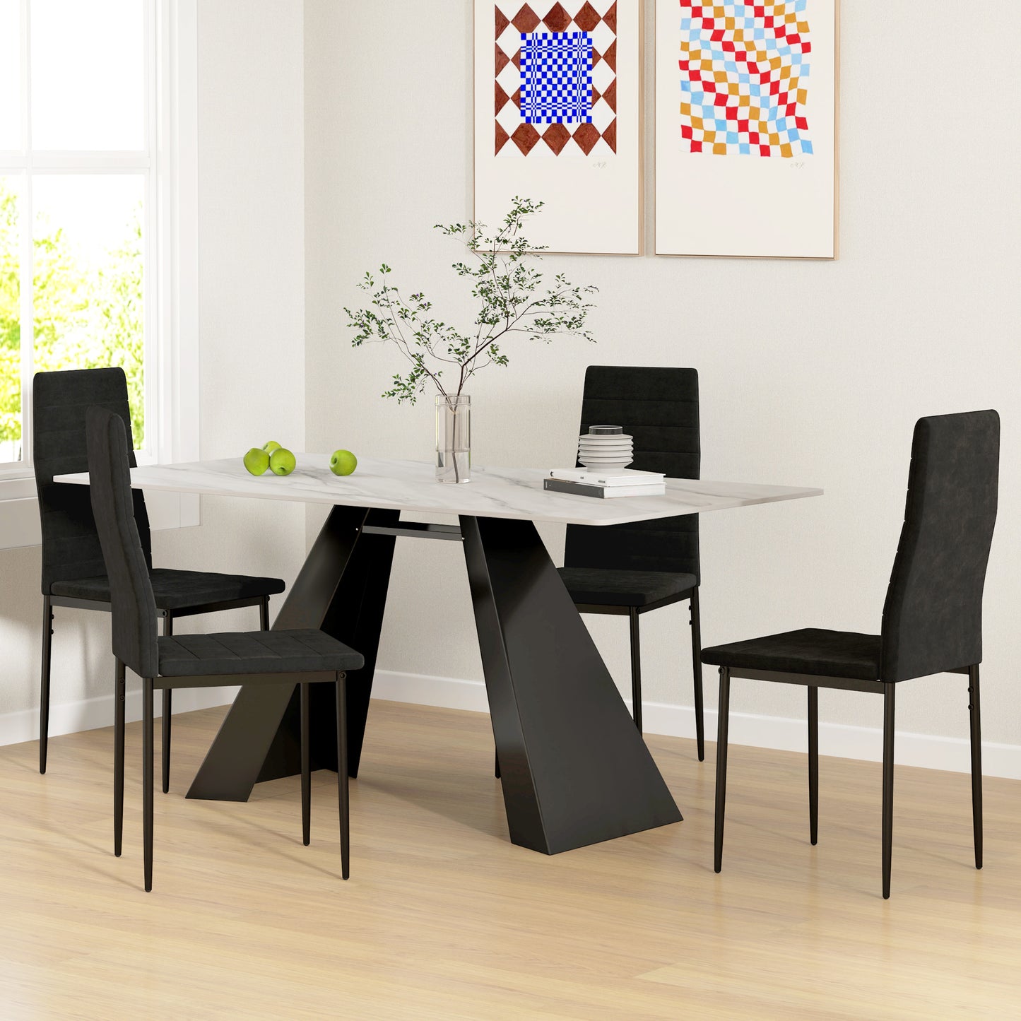 HOMCOM 4er-Set Esszimmerstühle, armloses Design, Stoffpolsterung, Metallbeine, Schwarz