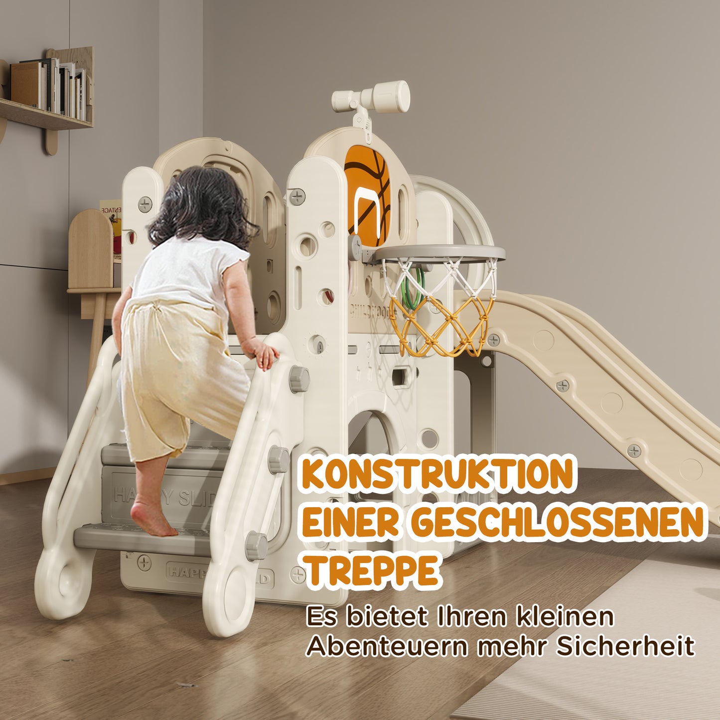 AIYAPLAY Kinder-Spielgerüst, 7-in-1 Rutsche, Indoor Spielplatz mit Stauraum und Krabbeltunnel, 186x153x111 cm, Cremeweiß